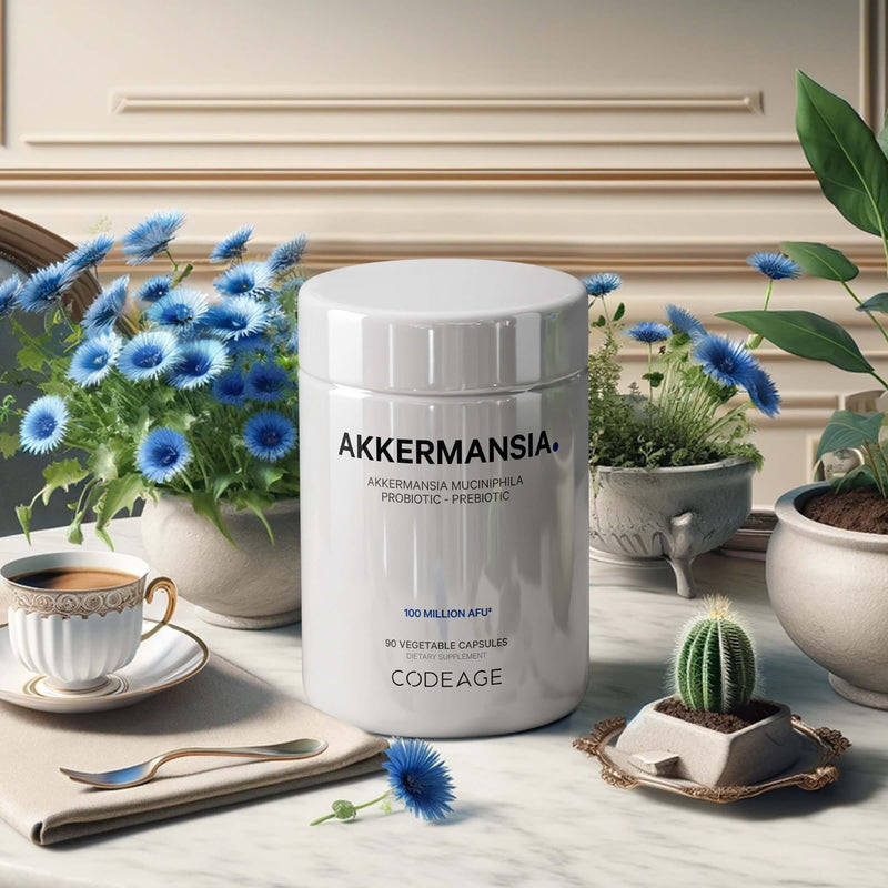 Codeage Akkermansia Supplement next to plants