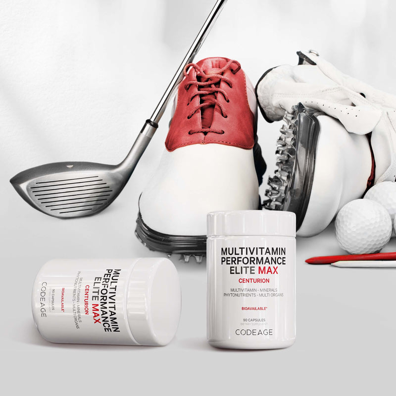 Codeage Multivitamin Performance Elite Max on the floor with golf balls