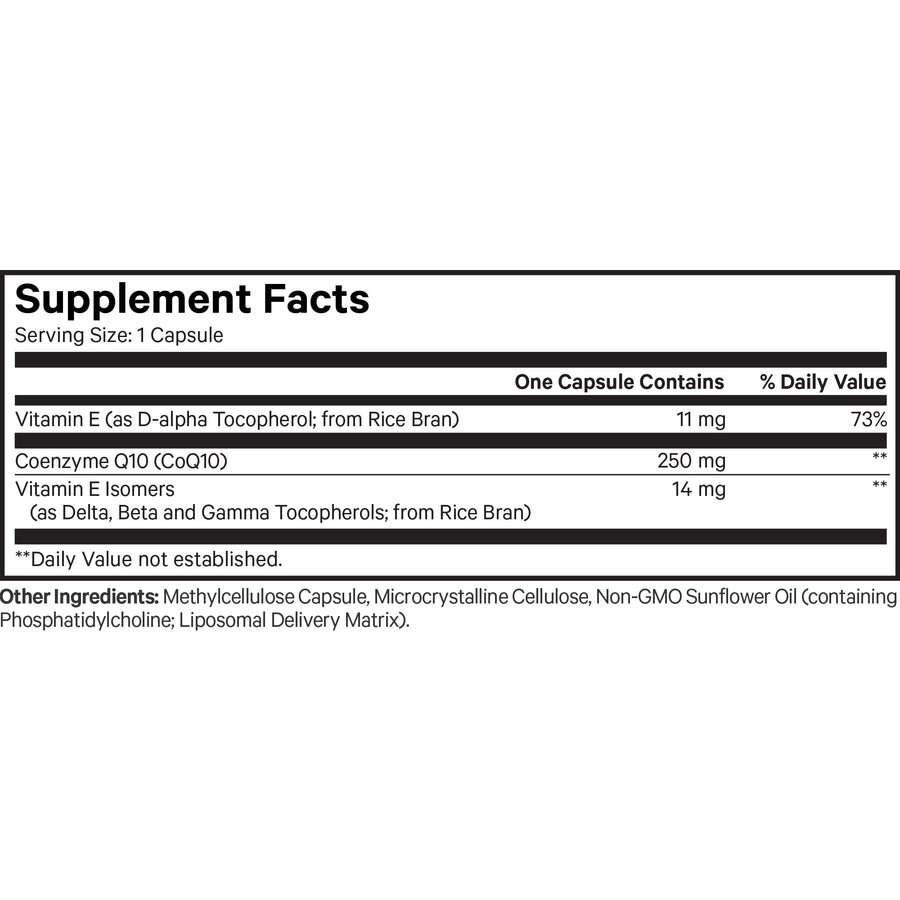 Codeage Liposomal COQ10 MAX Supplement Formula Heart Health Vitamin E Isomers Supplement Facts