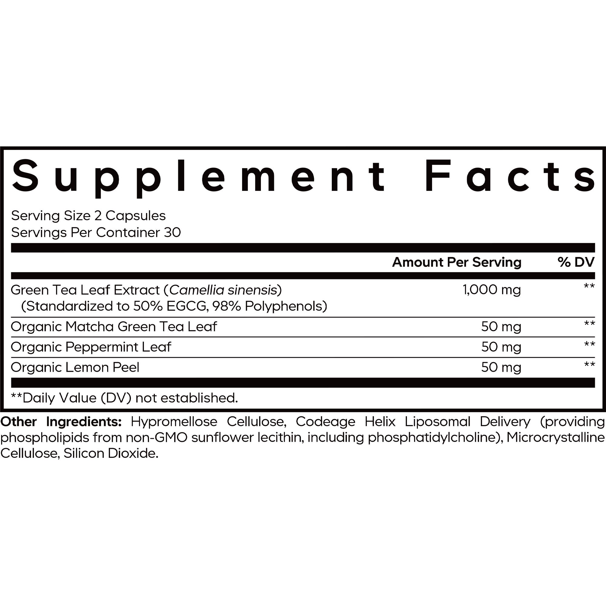 Codeage Liposomal Green Tea+ EGCG 50% Supplement Facts