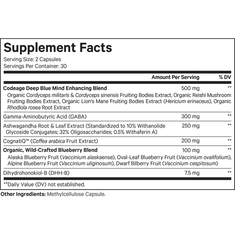 Codeage Meditate Vitamins Stress Anxiety CognatiQ Gaba DHH-B Ashwagandha Mushrooms Supplement Facts