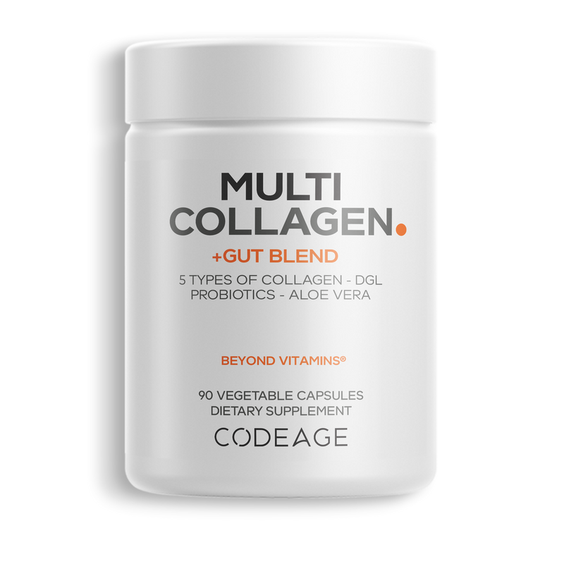 Codeage Hydrolyzed Multi Collagen + Gut Blend Digestive Aid Supplement in Capsules, Collagen Peptides Type I, II, III, V & X with Probiotic Blend and Licorice, Marshmallow, Slippery Elm for Gut Health & Digestion Support