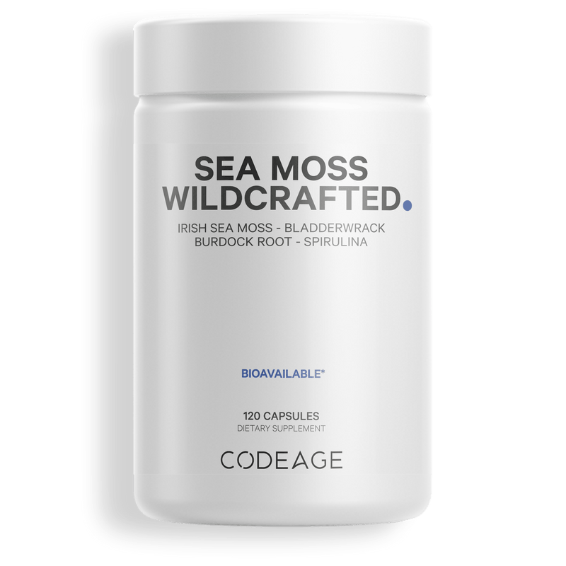 Codeage Raw Wildcrafted Irish Sea Moss Powder Pills, Chondrus Crispus, Bladderwrack Seaweed Vegan Complex, Burdock Root, Spirulina Algae, BioPerine® Black Pepper & Organic Peppermint Oil Capsules Plant-Based Supplement