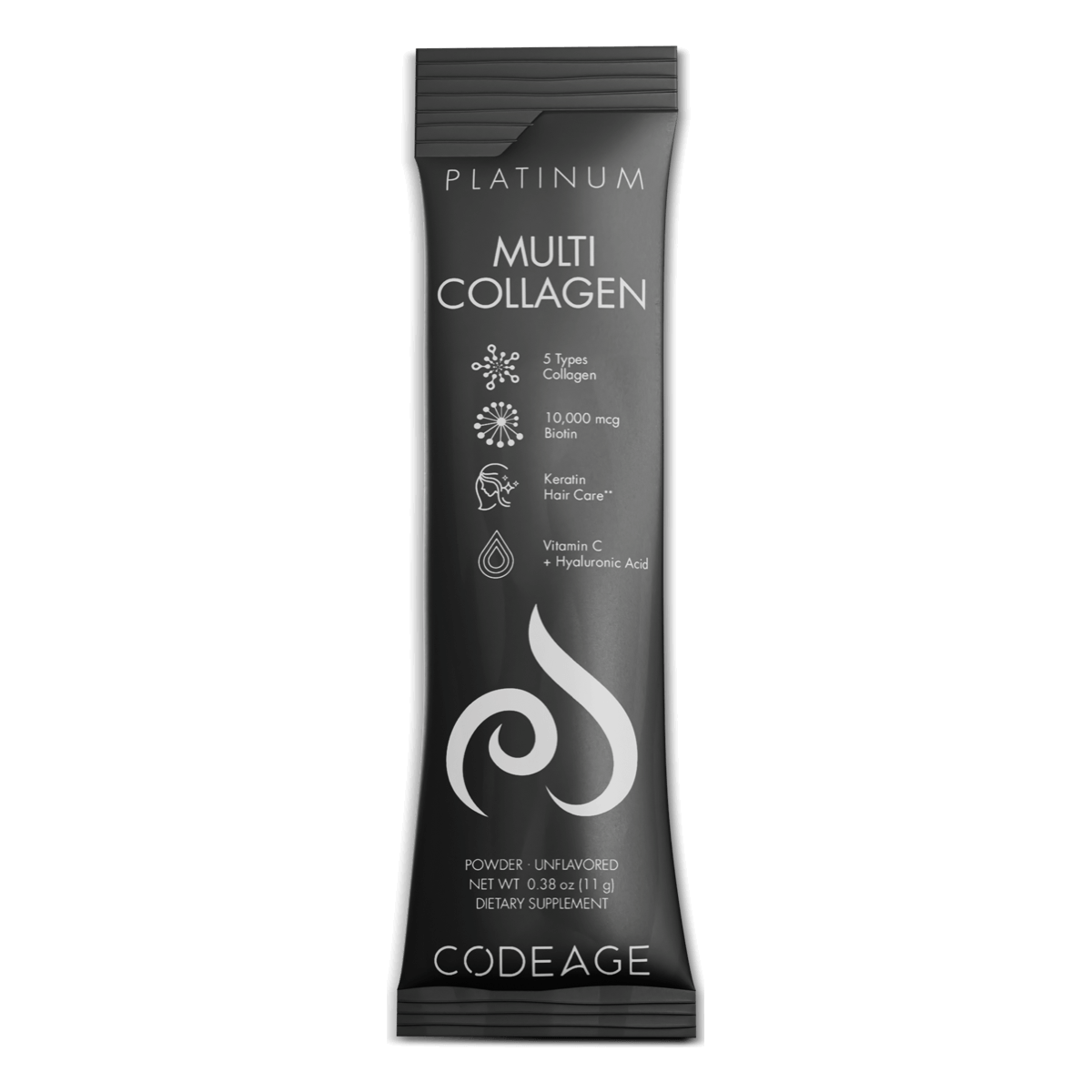 Codeage Multi Collagen Platinum stick packs multi collagen 5 types hydrolyzed peptides grass-fed pasture-raised, 10 000mcg biotin, hyaluronic acid and keratin powder packets