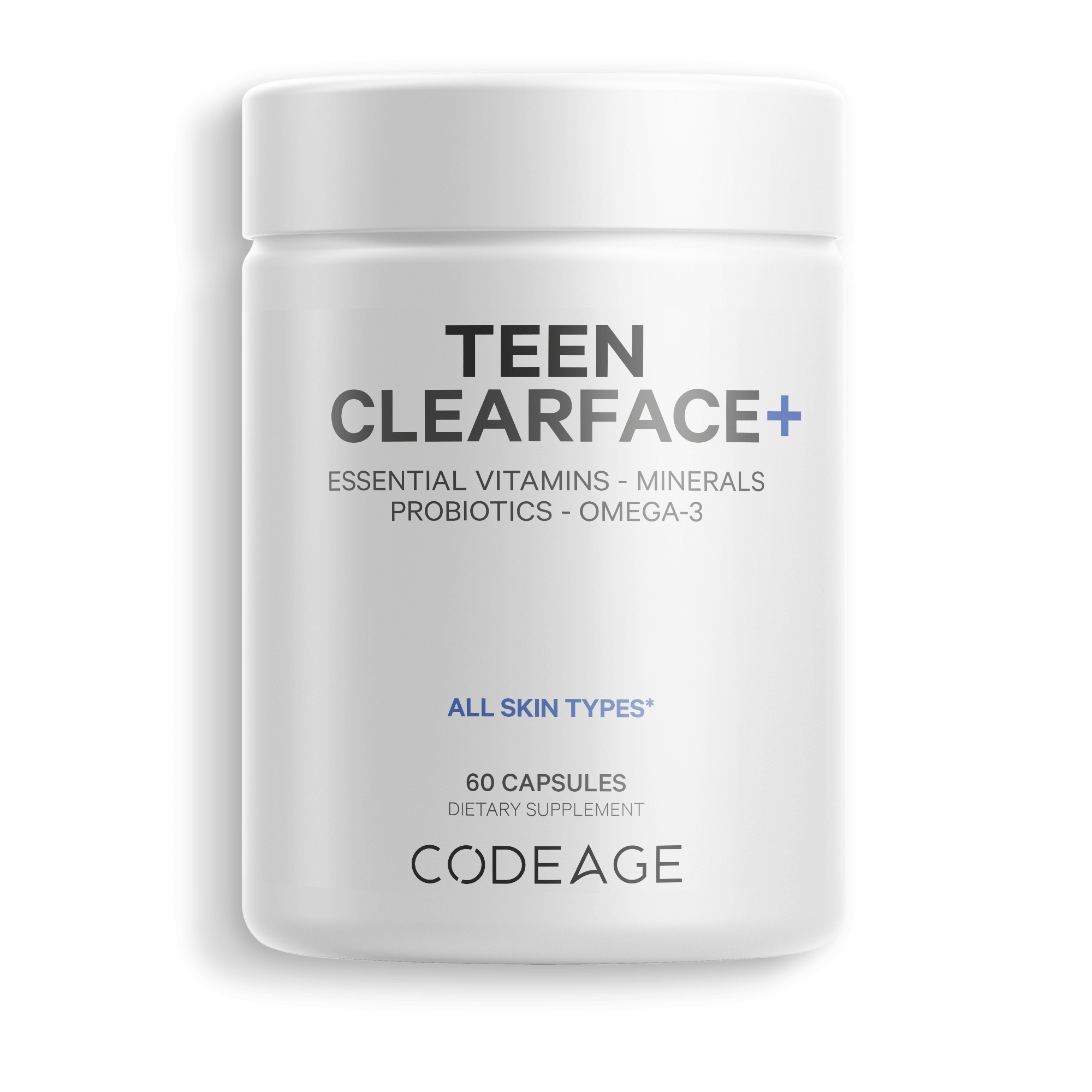 Teen Clearface Oral Supplement for Teenagers 12-18 Aged to Improve Acne Vitamin A, B, C, D3, E, Skin Dermatology Codeage Front